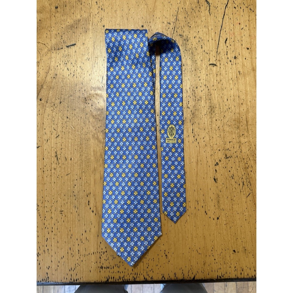 Faberge Mens Silk‎ Tie Blue Yellow Floral Geo Print Handmade USA Luxury Necktie